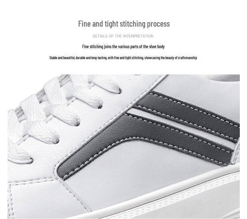 Men's Plus Size Korean Style Casual Cowhide Low-Top Lace-Up Sneakers - Trendy All-Season White Shoes