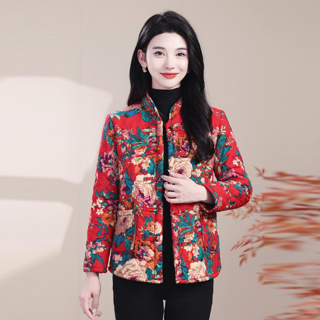 Northeast Women's Thick Floral Cotton Jacket, Plus Velvet, 2025 Winter Yangge Dance Buttoned Performance Costume