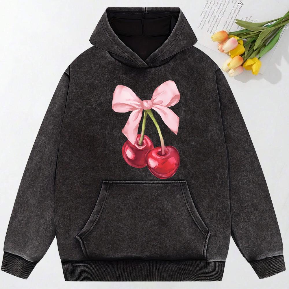 Bow Cherry Art Printed Women Washed Hoodies Cotton Creativity Clothing Hip Hop Fashion Oversized Female Hoody