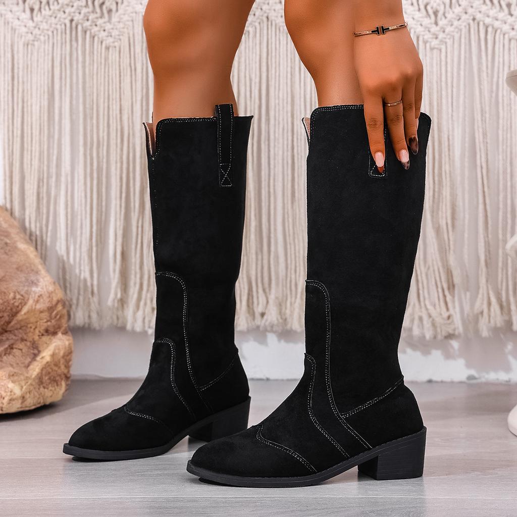 Fashion Comemore Autumn Knee High Boots Women Pointed Suede Chunky Heeled Women's Shoes Retro V-mouth Fashion Thigh-high Botas Femmes