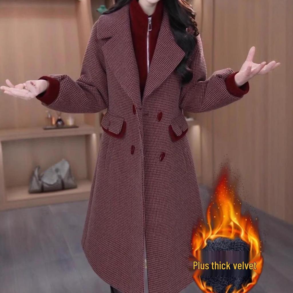French-Style Mid-Length Jacket for Autumn/Winter: Fleece-Lined, Thickened, Slimming, Lapel, Long-Sleeved, Fashionable Mother’s Coat