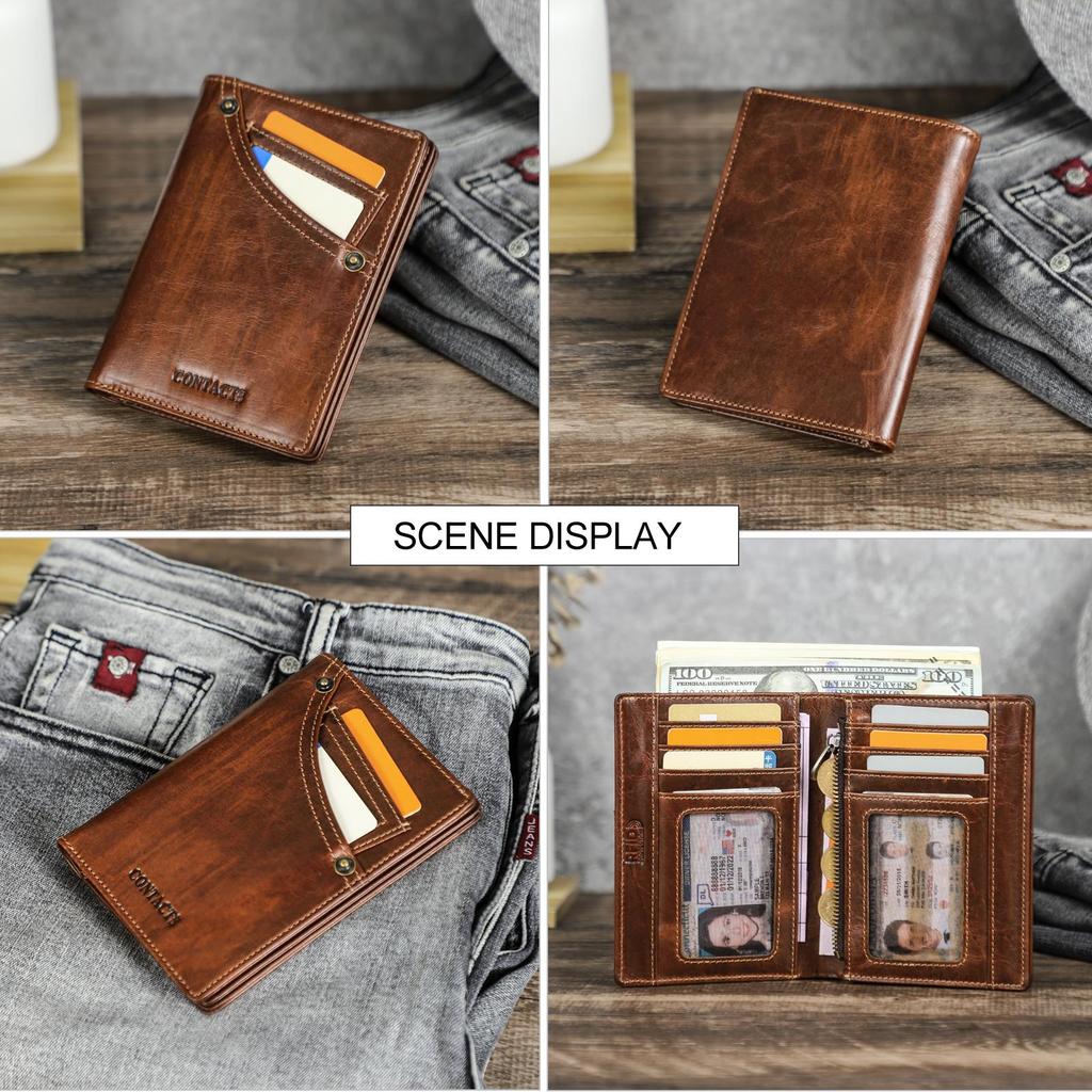 Cartera Monedero Portatarjetas de Cuero Genuino CONTACT'S para Hombre Fundas para Tarjetas con Bloqueo RFID con Bolsillo con Cremallera Portatarjetas de Identificación Cartera Pequeña de Hombre