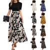 Women's Short-sleeve -color Dress With Patchwork Print, Fashionable Printed Long Dress