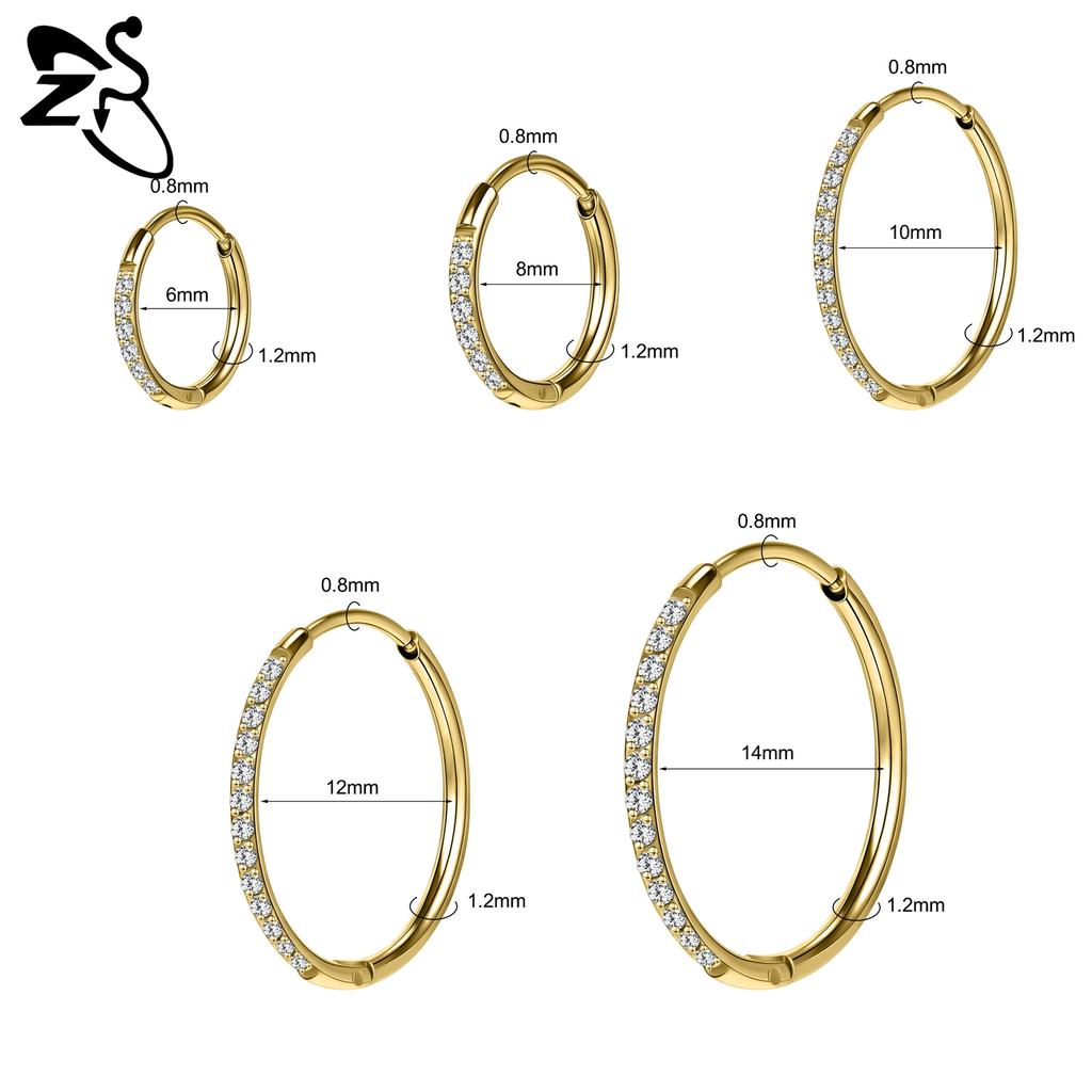 ZS 1 PC 20G Stainless Steel Hoop Earring 6/8/10/12MM Round Stud Earrings CZ Crystal Nose Ring Helix Cartilage Piercings Zircon