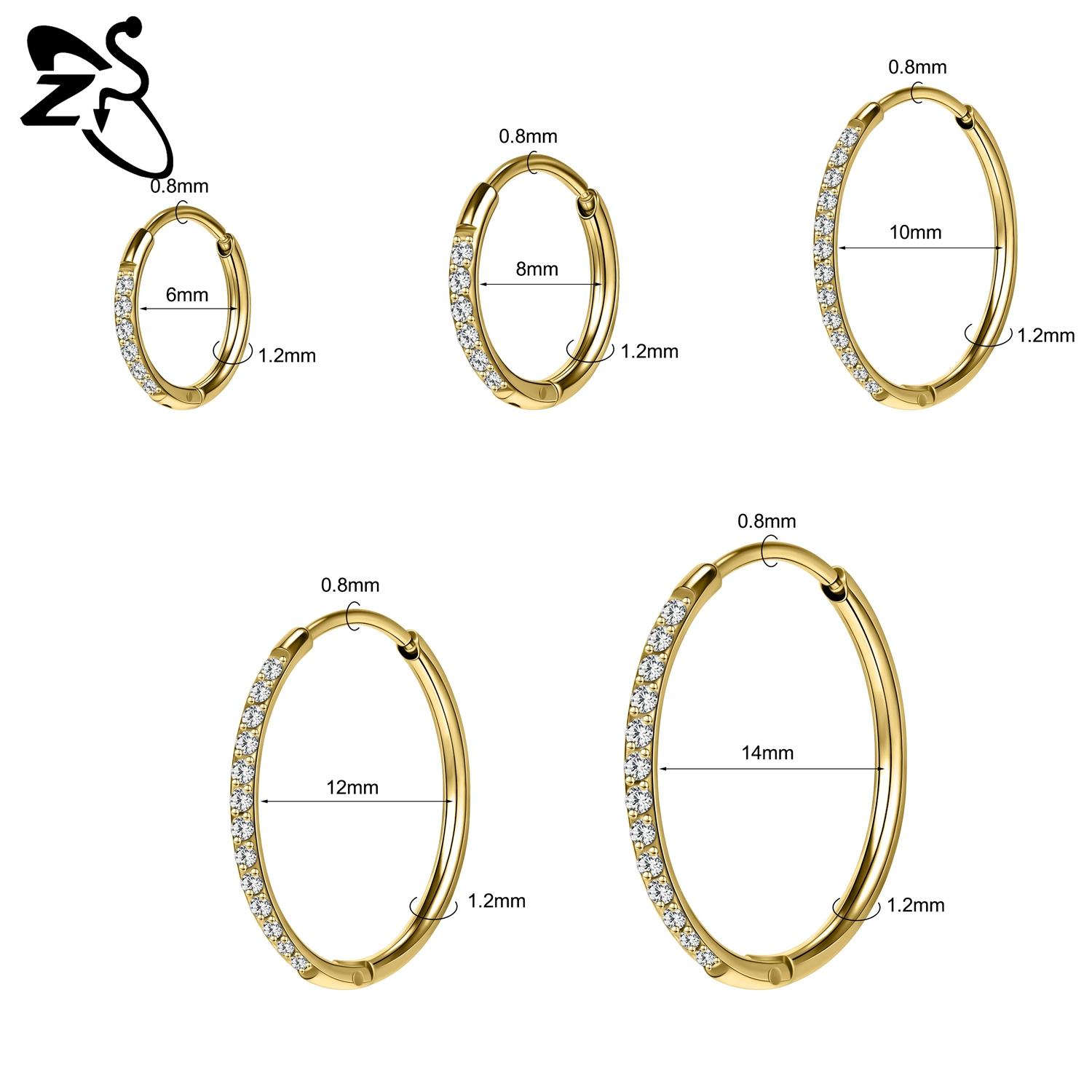 

ZS 1 шт. 20G Серьга-кольцо из нержавеющей стали 6/8/10/12 мм Круглые серьги-гвоздики Кристалл CZ Пирсинг носа Хеликс Хрящ Циркон 6MM