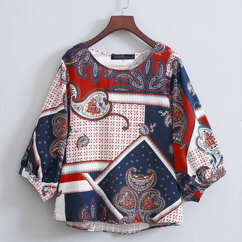 

ZANZEA Women Casual Round Neck 3/4 Sleeve Retro Print Blouse M помаранчевий