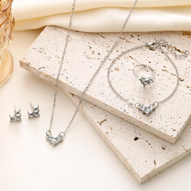 V-Shaped Heart Diamond Necklace, Bracelet, Earrings, and Ring Set - Elegant and Fashionable 4-Piece Collection