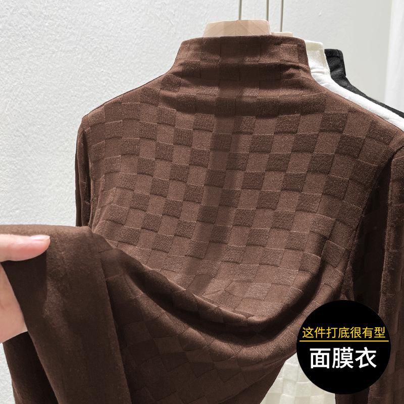 

Semi-turtleneck plaid jacquard women s summer new velvet inner bottoming shirt, trendy top M темно-коричневого
