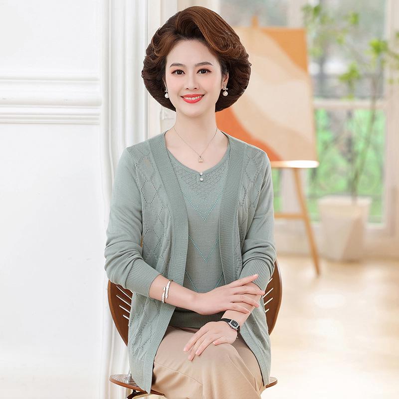 

Spring & Autumn Knitted Cardigan Set for Mature Women - Fashionable Jacquard Top & Thin Jacket 5XL (150-165 jin) зелёный