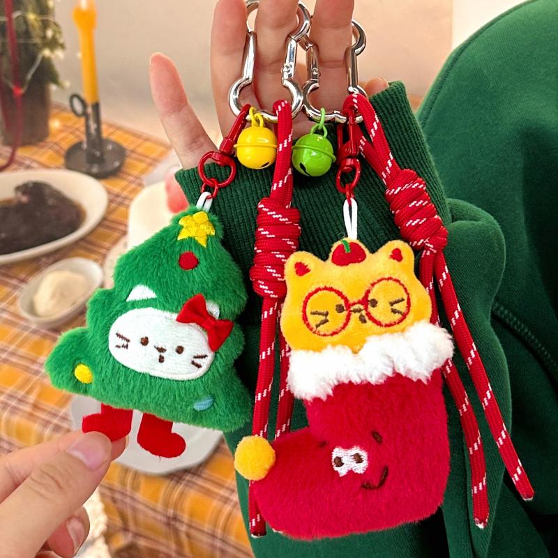 Sweet Cartoon Christmas Plush Doll Pendant Keychain Fluffy Cute Christmas Tree Gingerbread Man Animal Pendant Decorative Gifts