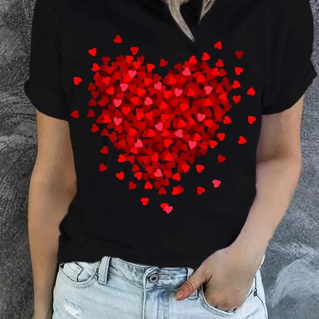 Women Heart Print T-Shirt For Valentine's Day Gifts Crew Neck Short Sleeve T-Shirt Casual Every Day Tops Women's Clothing