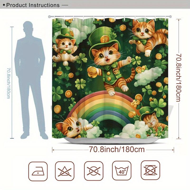 St. Patrick's Day Shower Curtain - Lucky Kittens, Rainbow & Gold Coins, Polyester, 12 Hooks, 70.8x70.8", Machine Washable