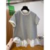 Loose Striped Short-sleeved T-shirt for Women with Patchwork Ruffled Hem Top for Summer