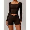 Fashion Nude Feel Brushed Yoga Clothes Suit Women's Big Neckline off-Shoulder Long Sleeves Tight Sports Fitness Pant Belt Chest Pad
