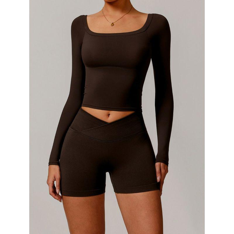 Fashion Nude Feel Brushed Yoga Clothes Suit Women's Big Neckline off-Shoulder Long Sleeves Tight Sports Fitness Pant Belt Chest Pad