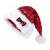Yousheng Sequined Santa Hat Glittery Christmas Hat with Bow Fluffy Pompom Unisex Fuzzy Xmas Hat for Christmas New Year Festive Parties