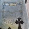9910 CHROME HEARTS Men's and Women's American Style Trendy Jeans with Fabric Patches, Holes, Embroidery, Casual and Fashionable High Street Pants