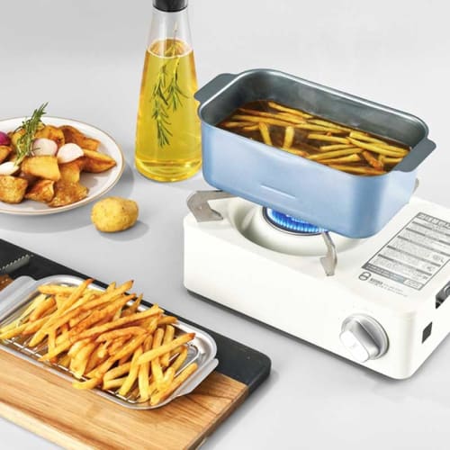 Rectangular Tempura Pan, Square, Induction & Gas Compatible, Iron, with Pan and Rake, Safe for Deep Frying, Square Tempura Pan (Green), Interior Dimen
