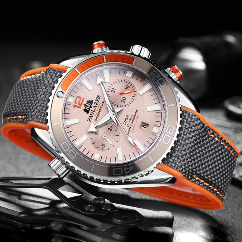 PAULAREIS Masculino Automático Auto Vento Mecânico Pulseira de Borracha de Lona Laranja Azul Vermelho Multifuncional Data Mês Relógio