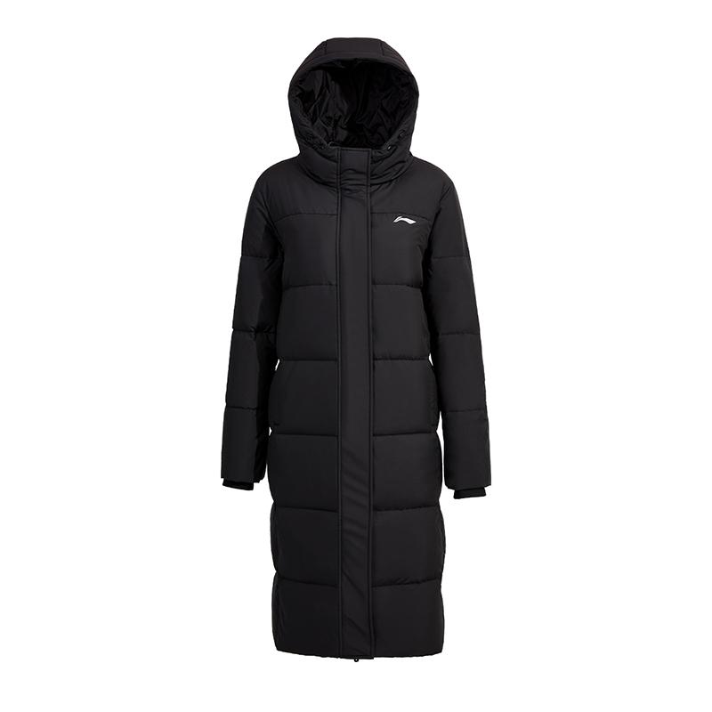 Li Ning Logo Print Windbreaker Lange Lockere Daunenjacke mit Reißverschluss Damen Oberbekleidung Schwarz AYMU708-1