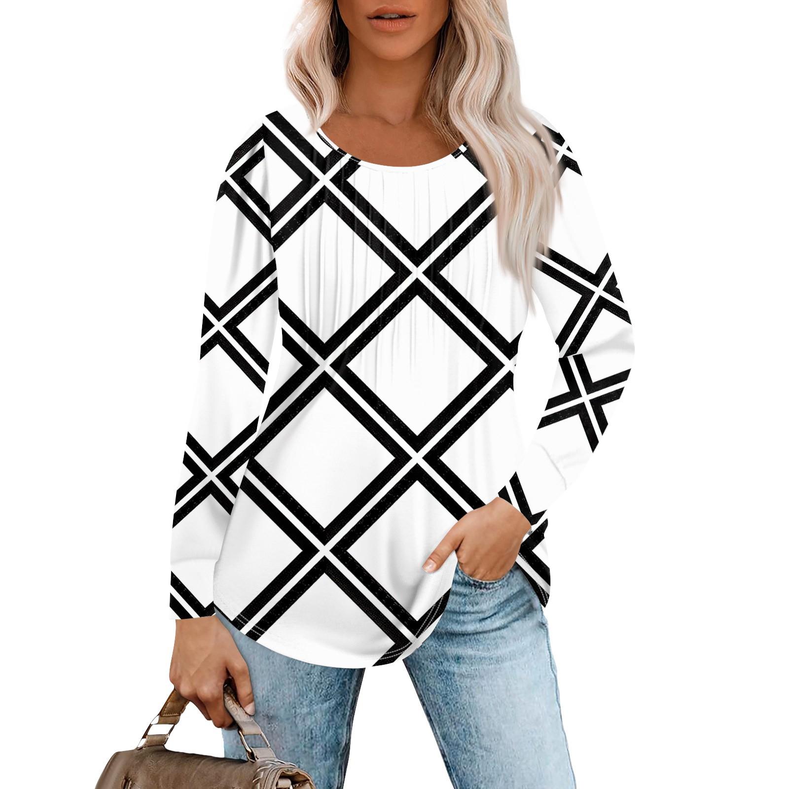 

Женские повседневные топы, полосатая плиссированная футболка с круглым вырезом и длинным рукавом с принтом XXXL белый