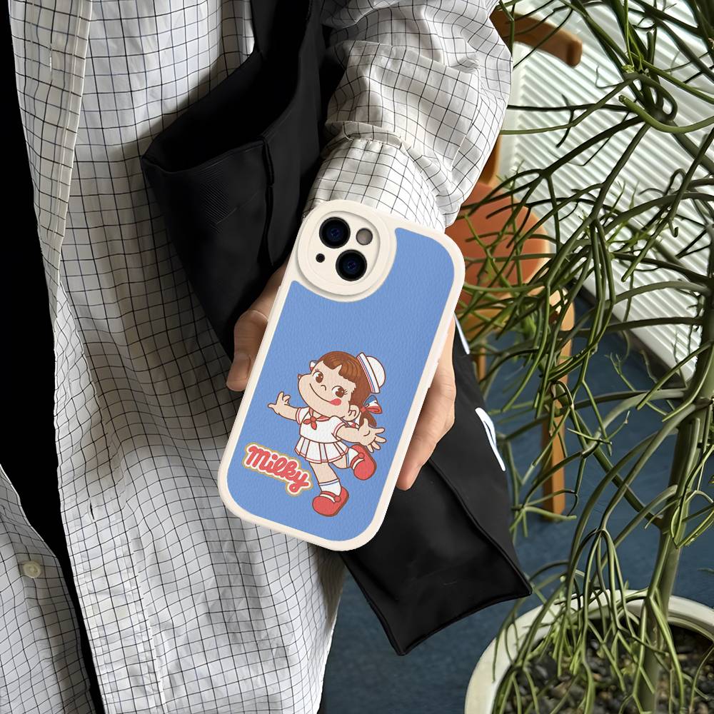 Fujiya Milky Peko Chan Phone Case For IPhone 16 15 14 13 Pro Max 11 12 Plus Leather Silicone Cover