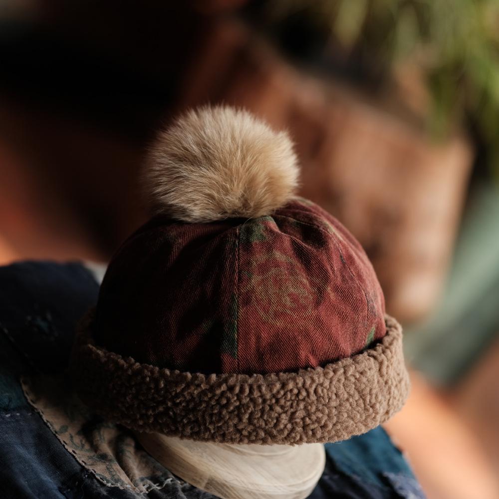 Johnature Women Vintage Red Floral Warm Patchwork Wool Hat