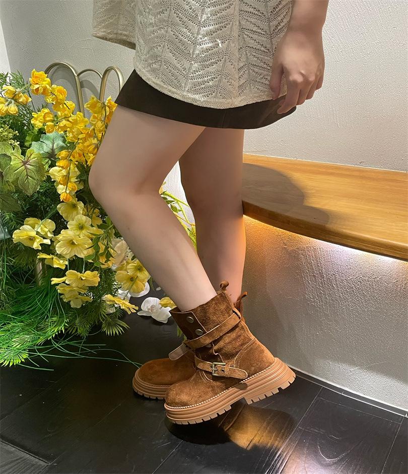 

Retro inner height increase Martin boots women s 2025 spring and autumn new two wear thick-soled mid-tube western cowboy knight short boots 39 светло-коричневого