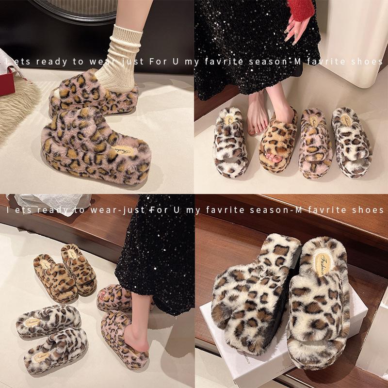 Fashion Korean Double band fur slides female warm fluffy platform shoes thicken soled winter fleeces slippers women shearling pantufa
