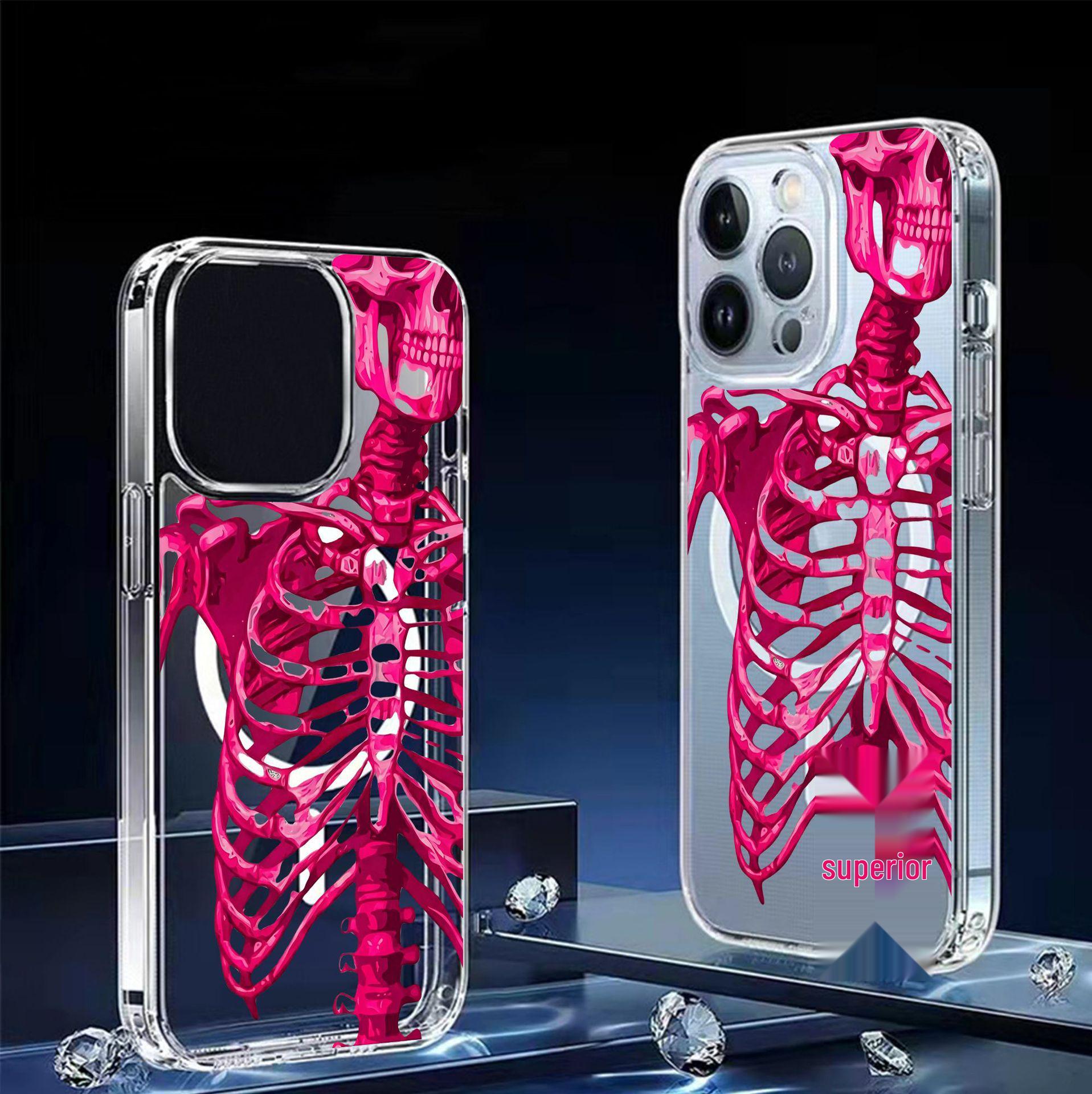 

Transparent Pink Skull Magnetic Frame Case for iPhone 14/15/16/17 Pro Max iPhone 15 прозрачный