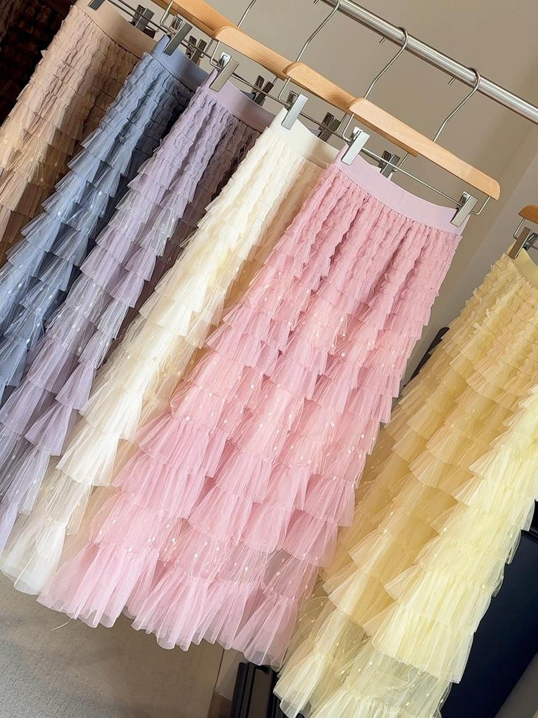 Super Fairy Mesh Patchwork Lurex A-Line Cake Skirt – 2025 Spring/Autumn Fluffy Mid-Length Tulle Skirt