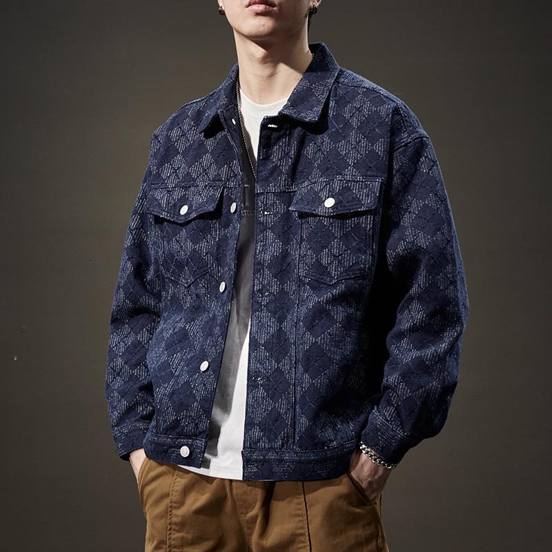 Men's Trendy Plaid Denim Workwear Jacket - Plus Size, Spring/Autumn 2023 Collection