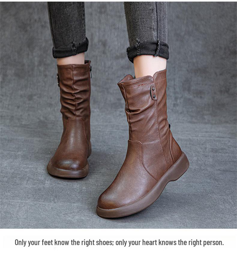 2024 Women's British Style Flat-Sole Velvet Mid-Length Martin Boots for Autumn and Winter