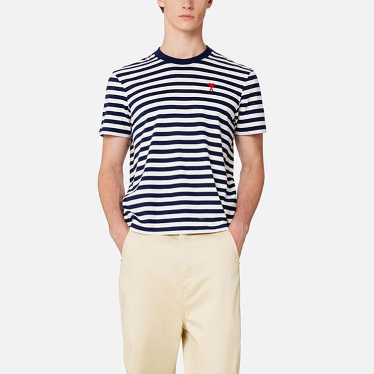 Amiparis SS23 Heart Design Cotton Striped Casual Round Neck Short Sleeve T-Shirt Unisex Tops Blue White UTS013074-492