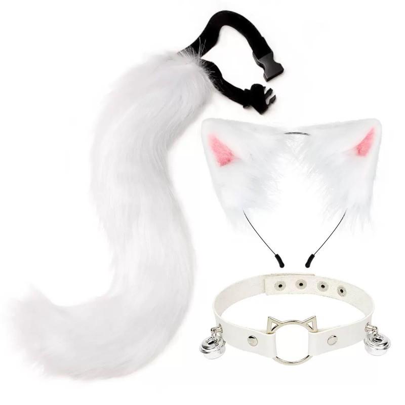 Cosplay Furry Ear Headband Tail Set With Bell Collar Anime Fans Adult Costume Accessories