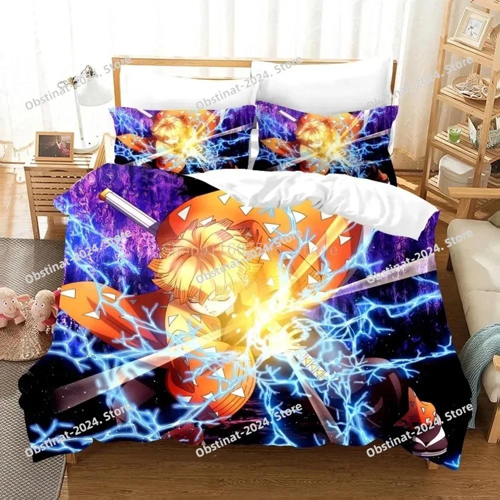Zenitsu Agatsum Demon Slayer Bedding Sets Japan Anime Printed Bed Set Duvet Cover Pillowcase Linen Sheet Quilt Cover Full Size