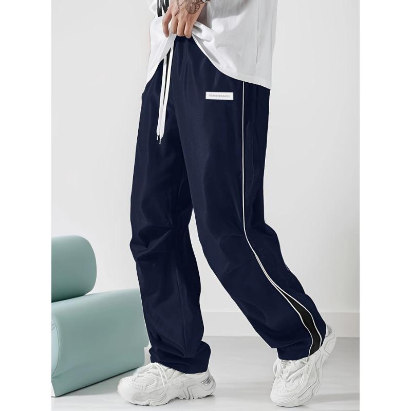 Men Drawstring Elastic Waist Contrast Side Line Wide Leg Pants Loose Casual Jogger Trousers