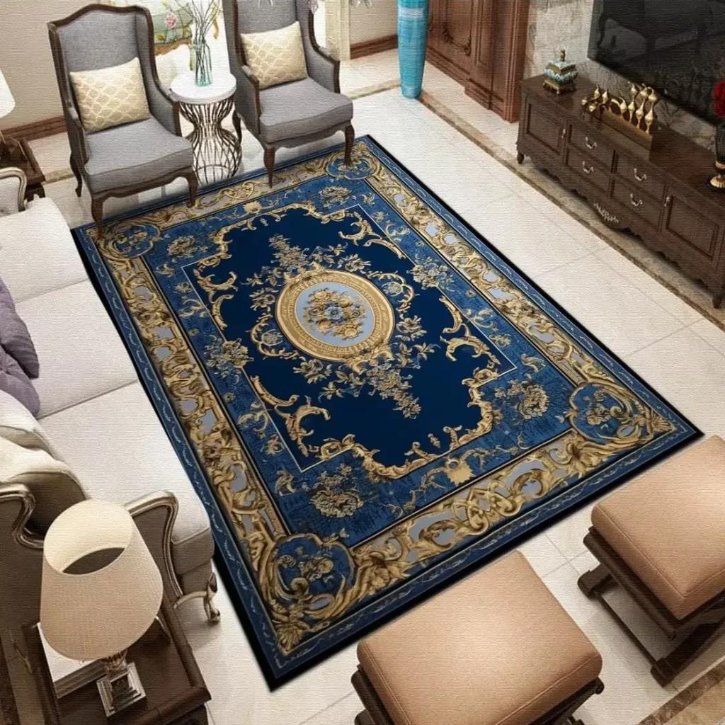 Old Style Living Room Carpet Boho Blue Non-slip Area Rugs Decor Bedroom Washable Hallway Floor Mats Elastic Bedside Mat Flannel