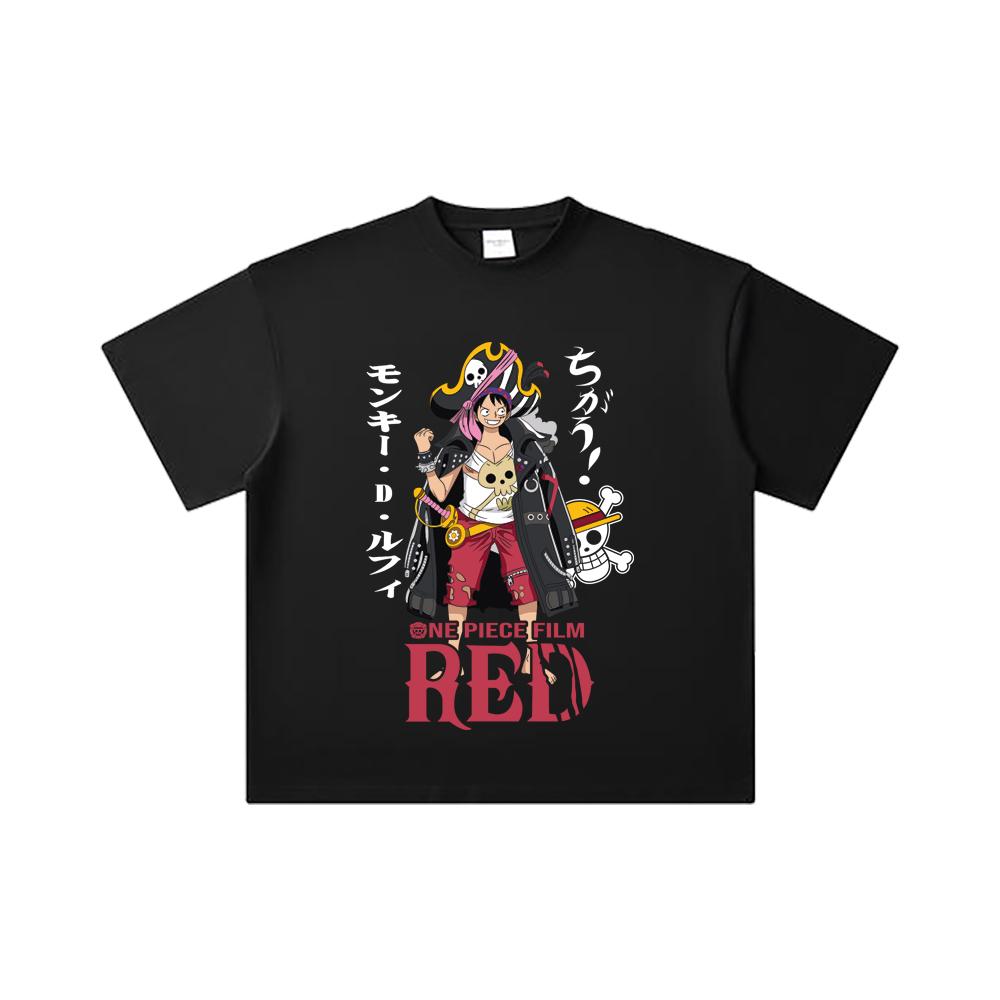260 GSM Double Yarn 32 Count 100% Cotton One Piece V79 Luffy Film Red Print Unisex Heavy Cotton T Shirt