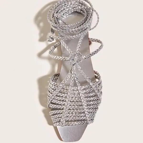 

Fashion Womens Shoes 2025 All-Match Female Sandal Open Toe Large Size Strappy Heels Luxury New Girls Flat Peep Summer Big Beige 39 срібний