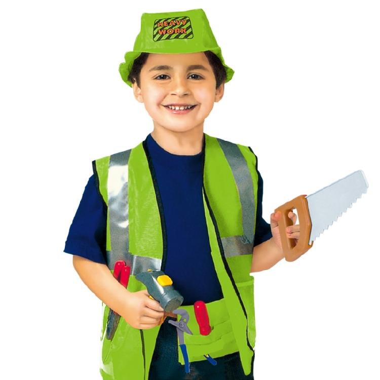 Kids Role Play Fireman Costume with Firefighter Toy Accessories Halloween Builder Worker Clothing for Boy Girl Aged 3-12
