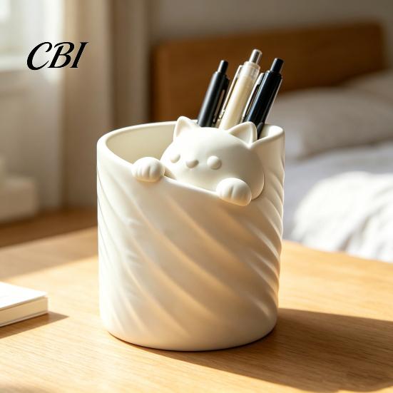 Pen Container 3D Printed Holder, Cat Shape Large Capacity Hollow Barrel Desk Organizer for Gel Pens Pencils Makeup Brushes, Cute Girlish Decor