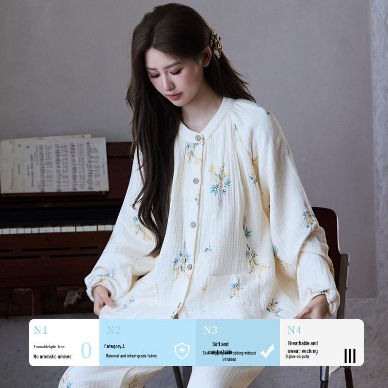 Silné bavlněné těhotenské pyžamo na jaro, podzim a zimu - Čtyřvrstvá gáza pro pohodlí v těhotenství, po porodu a při kojení