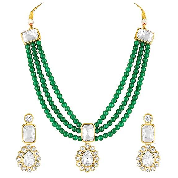 Gold Plated Kundan Long Necklace Earring Indian Traditional Jewellery Set for Women & Girls