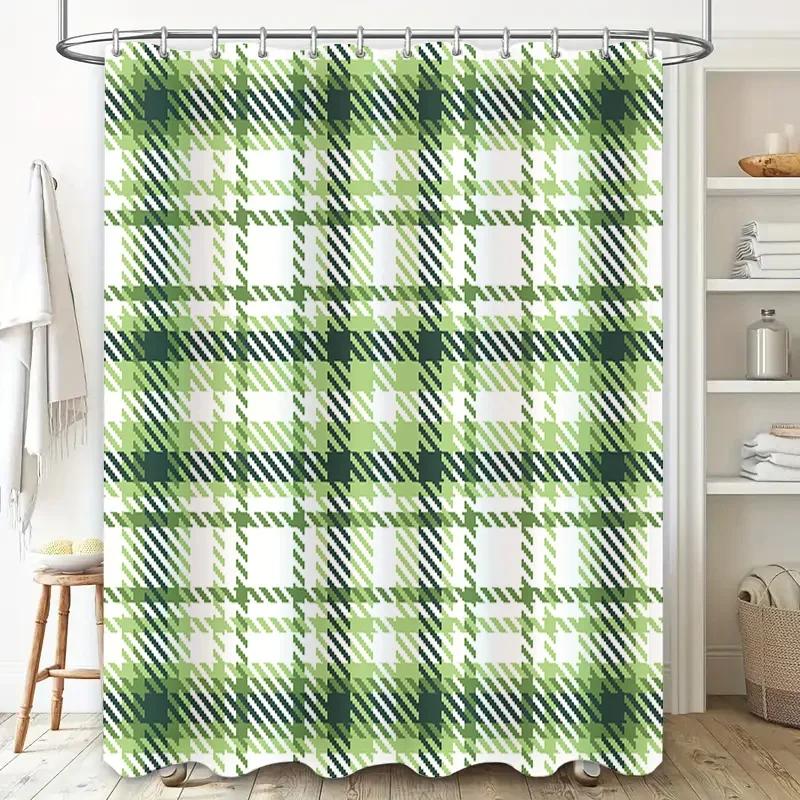 ~O~Green Plaid Shower Curtain Home Decor Bathroom Accessories Waterproof Bath Rug Set for Kids Room Decoration 180x270cm (6ft)