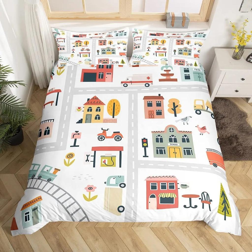 Kids Cartoon Car Duvet Cover Set City Building Street Road Bedding Set Microfiber Vehicle Truck Comforter Cover Twin Queen Size