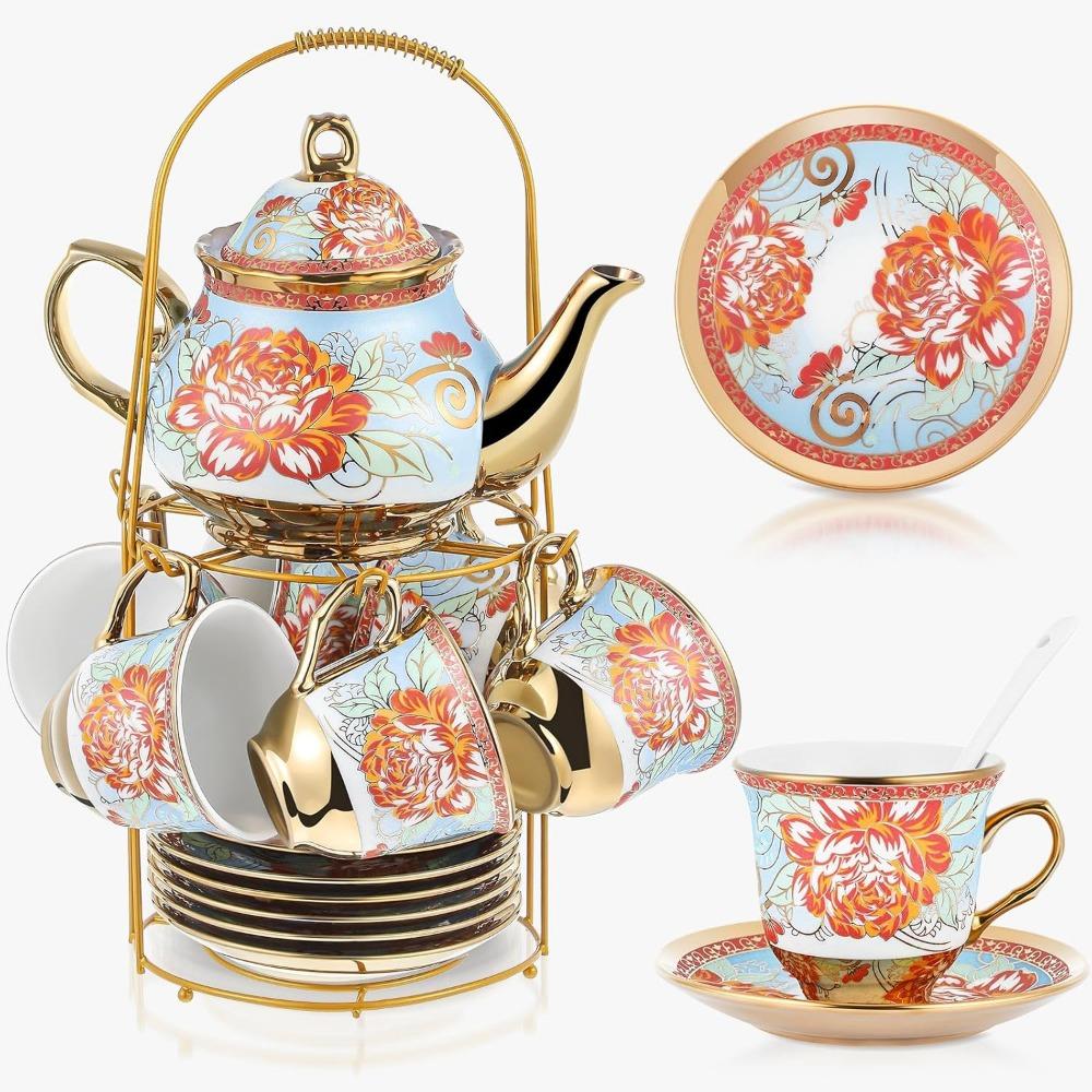 Adult Ceramic Tea Party Set (European Flower Painting Teapot, Teacup, Saucer, Spoon), Large (fresh Style)