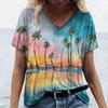 New Women T-shirt Cocoanut Tree Print Oversized Women's Trending Clothing Fashion Short Sleeve Shirt Women V-Neck Blouse 2024