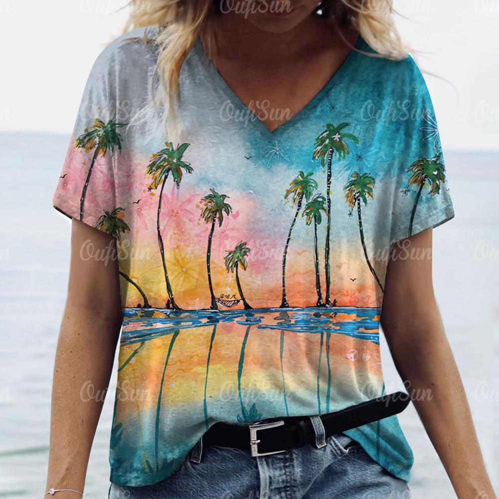 New Women T-shirt Cocoanut Tree Print Oversized Women's Trending Clothing Fashion Short Sleeve Shirt Women V-Neck Blouse 2024