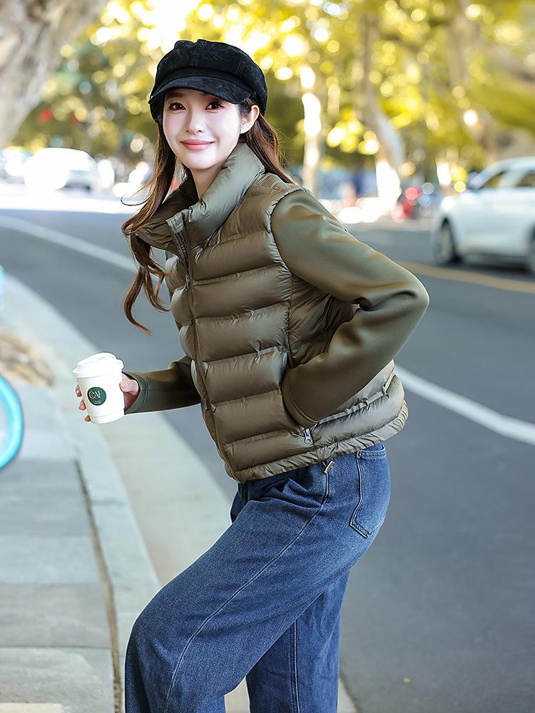 Autumn and winter light stand-up neck cotton-padded clothes women's splicing sleeves solid color short jacket women's clothing can be mixed in batches
